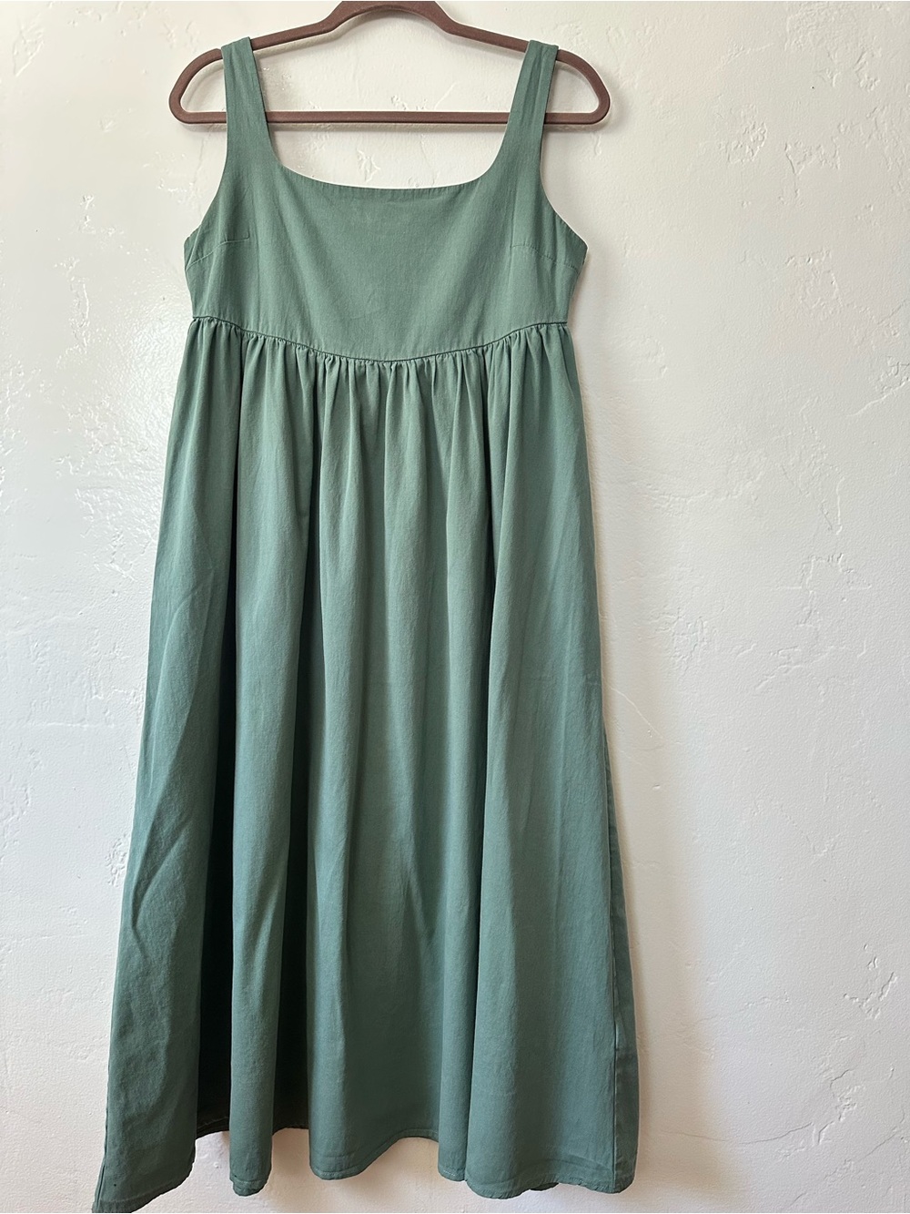 Neuflora Sage Green Square Neck Midi Dress 100% Cotton Lined Babydoll Medium